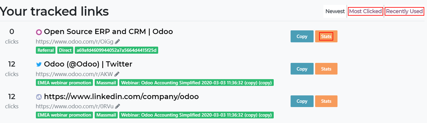 追踪列表视图，突出Odoo网站中的统计按钮