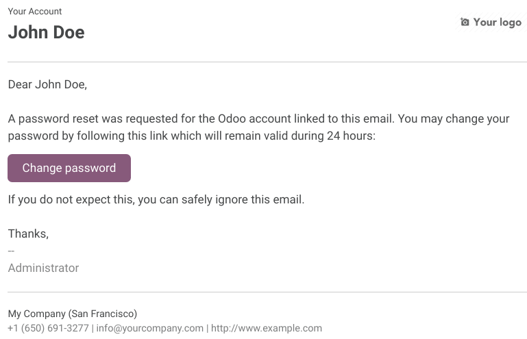 带有Odoo账户密码重置链接的电子邮件示例